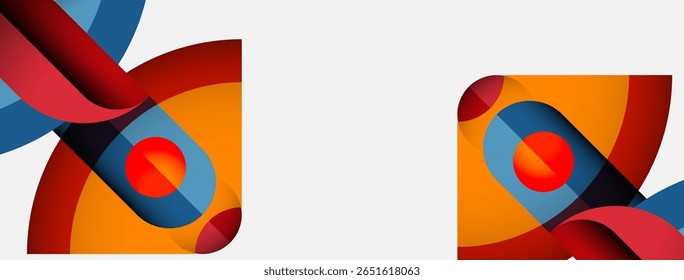 Abstract shapes overlap, creating dynamic visual composition. Red, orange, blue hues dominate design. Modern, minimalist aesthetic.