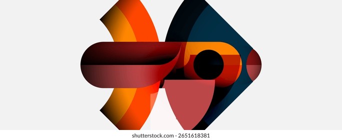 Formas abstratas se sobrepõem, criando composição dinâmica. Laranja quente contrasta azuis frios, vermelhos. Design moderno, estética minimalista.