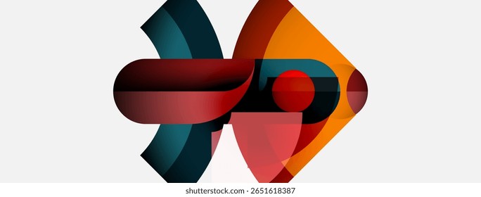 Abstract shapes overlap, creating dynamic composition. Red, orange, teal hues dominate white background. Modern design elements present.