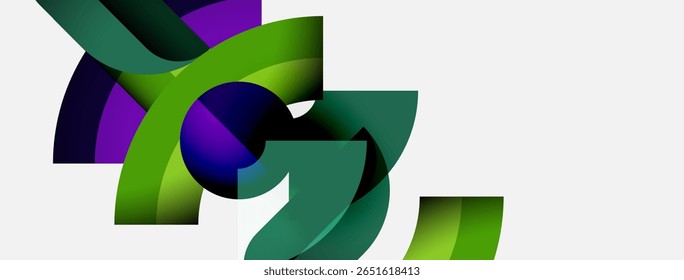 Abstract shapes overlap, creating dynamic composition. Green, purple hues dominate design. Smooth gradients suggest movement, depth.