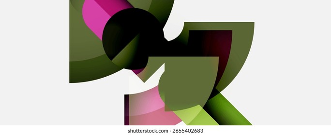 Abstract shapes overlap, creating dynamic composition. Colors include pink, green, black, white. Modern design, simple background.