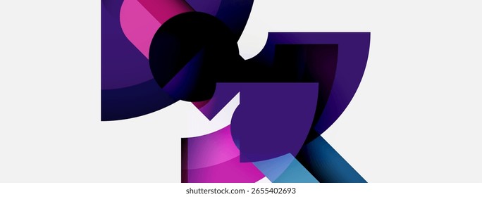 Formas abstratas se sobrepõem, criando composição dinâmica. Tons rosa, roxo, azul dominam o fundo branco. Elemento de design moderno.