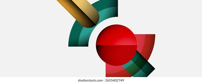 Abstract shapes overlap, creating dynamic composition. Colors include red, green, gold, white. Modern design, simple geometry.