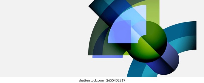 Abstract shapes overlap, creating dynamic composition. Blue, green hues dominate neutral background. Modern design element.