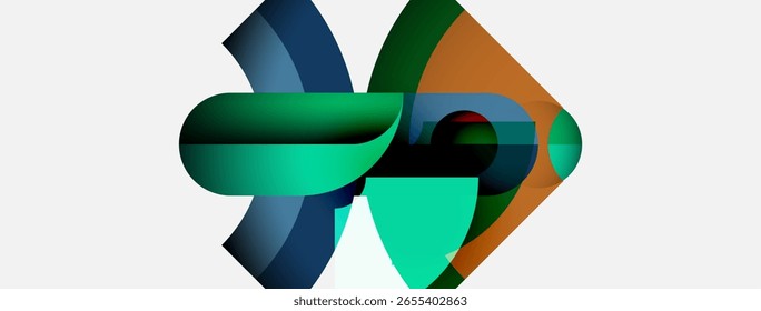 Abstract shapes overlap, creating dynamic composition. Colors blend, suggesting movement, depth, modern design aesthetic.