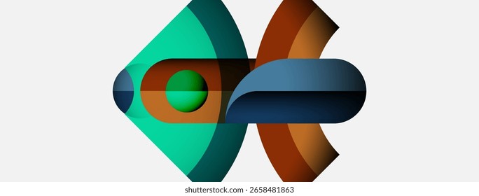 Abstract shapes overlap, creating dynamic composition. Teal, brown, blue hues dominate clean white background. Modern design.