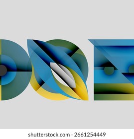 Abstract shapes overlap, creating dynamic composition. Blue, green, yellow hues dominate neutral background. Modern design elements present.