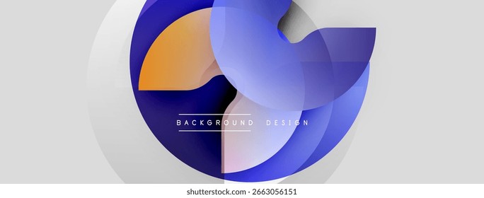 Abstract shapes overlap, creating dynamic visual effect. Blue, orange hues dominate design with subtle gray backdrop. Text reads background design.