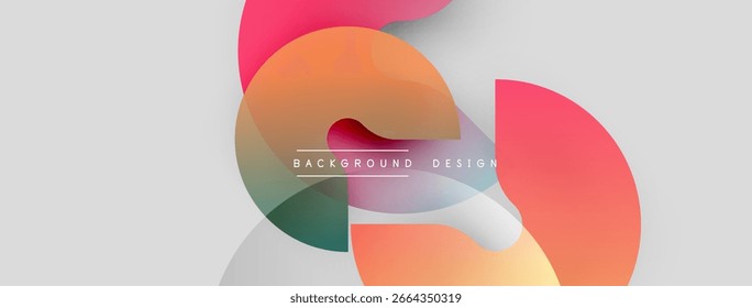 Abstract shapes overlap, creating dynamic visual effect. Soft gradients blend pink, orange, teal hues. Minimalist design emphasizes form, color.