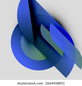 Las Formas Abstractas se superponen, creando una composición dinámica. Blues, los verdes dominan el fondo neutral. Los Gradientes suaves sugieren profundidad, movimiento.