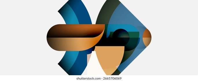Abstrakte Formen überlappen sich und erzeugen eine dynamische Komposition. Braune, blaue Farbtöne dominieren das Design. Minimalistischer Stil, moderne Ästhetik.