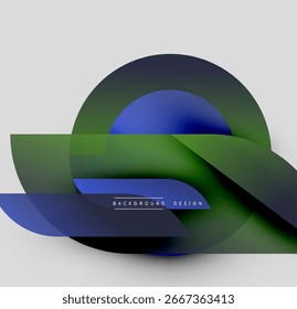 Abstract shapes overlap, creating dynamic composition. Blue, green hues dominate neutral background. Modern design element.