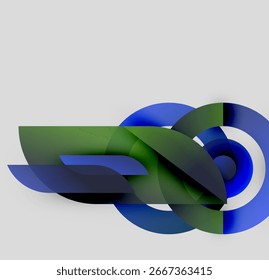 Formas abstratas se sobrepõem, criando composição dinâmica. Tons azuis e verdes dominam o fundo neutro. Elemento de design moderno.