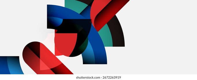 Abstract shapes overlap, creating dynamic composition. Red, blue, green hues dominate white background. Modern design elements present.