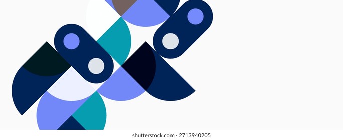 Abstrakte Formen überlappen sich und erzeugen eine dynamische Komposition. Blues, Lavendel dominieren weißen Hintergrund. Modernes Design, saubere Ästhetik.