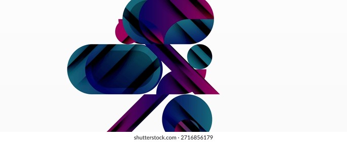 Las Formas Abstractas se superponen, creando una composición dinámica. Los tonos morados y azules dominan el fondo blanco. Elementos de diseño modernos presentes.