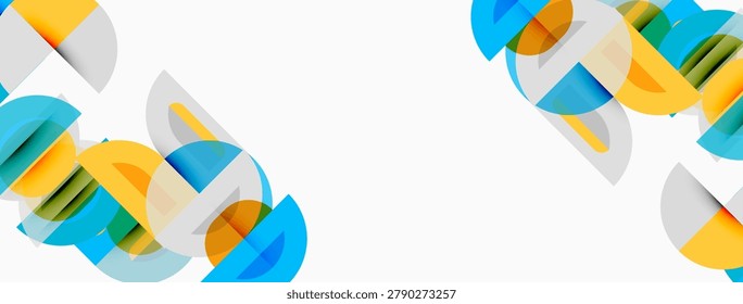 Abstract shapes overlap, creating dynamic composition. Colors include blue, orange, gray, lime. Minimalist design with ample white space.