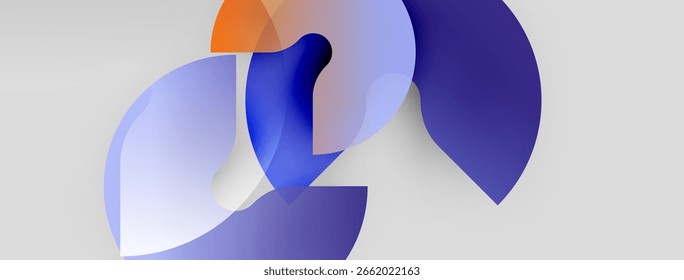 Formas abstratas se sobrepõem, criando formas fluidas. Tons azuis e laranja dominam a composição. Design minimalista, estética moderna.