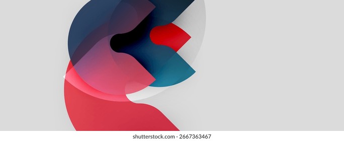 Abstract shapes overlap, creating fluid forms. Red, blue, gray tones dominate neutral background. Modern design, simple composition.