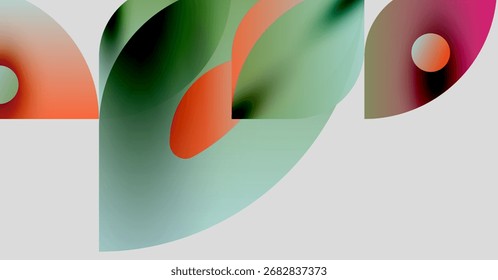 Las Formas Abstractas se superponen, creando Gradientes fluidos. Colores blendcoral, verde azulado, magenta, bosque verde sobre fondo blanco. Diseño moderno.