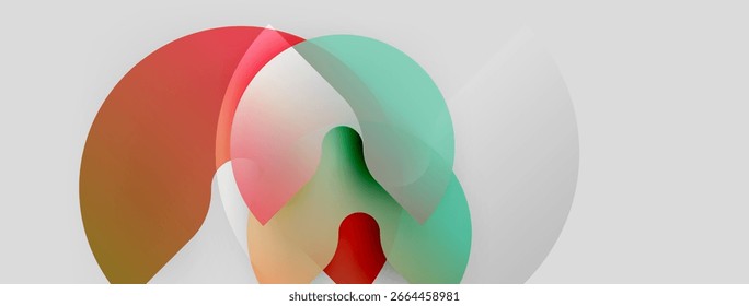 Abstract shapes overlap, creating soft color blends. Minimalist design with muted red, green, beige tones on white background.