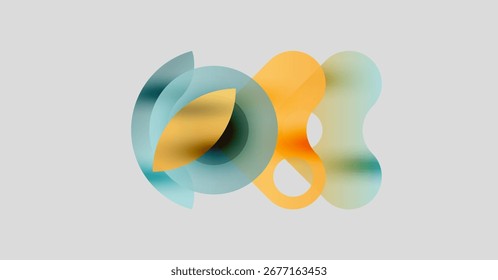 Abstrakte Formen überlappen sich und erzeugen weiche Farbmischungen. Hellblaue, orange Farbtöne dominieren den neutralen Hintergrund. Modernes Design.