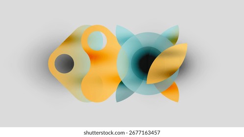 Las Formas Abstractas se superponen, creando Gradientes blandos. Los Colores incluyen naranja, azul, gris. La composición se siente fluida, moderna.