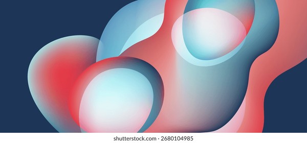 Abstract shapes overlap, creating soft gradients. Colors blendreds, blues, whitesforming fluid, organic forms. Minimalist design, modern aesthetic.
