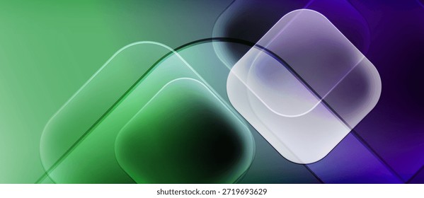 Abstract shapes overlap, creating soft gradients. Green, purple hues dominate composition. Modern design, smooth transitions visible.
