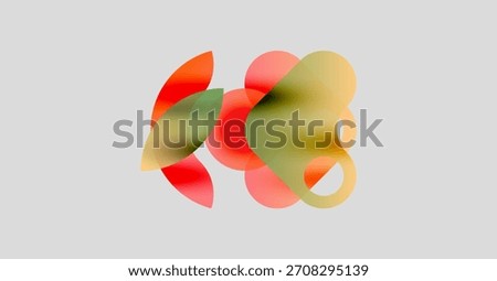 Abstract shapes overlap, creating soft color blends. Warm tones dominate, with hints of yellow, orange, red. Minimalist design on light gray background.