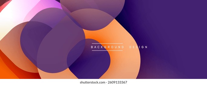Abstract shapes overlap, creating vibrant gradients. Purple, orange, pink hues blend seamlessly. Modern design, smooth transitions, dynamic composition.