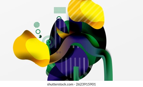 Abstract shapes overlap, creating vibrant composition. Yellows, greens, purples dominate design. Modern, fluid forms suggest movement.