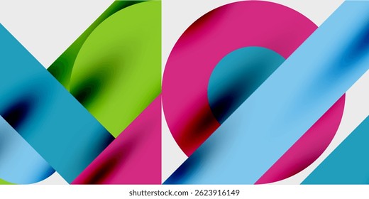 Abstract shapes overlap, creating vibrant color blends. Geometric forms suggest movement, energy, modern design. Bright hues dominate composition.