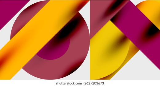 Abstract shapes overlap, creating vibrant color blends. Yellow, magenta dominate composition against dark background. Modern design.