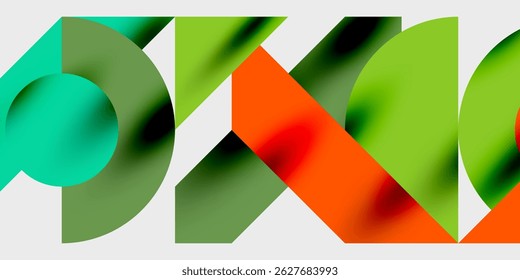Abstract shapes overlap, creating vibrant color blends. Green, orange, teal dominate composition. Minimalist design, modern aesthetic.