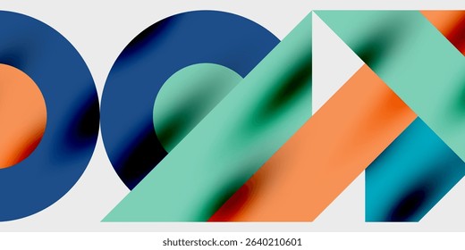Abstract shapes overlap, creating vibrant gradients. Blue, orange, teal hues dominate design. Modern, dynamic composition.