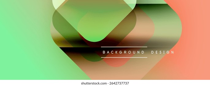 Abstract shapes overlap, creating vibrant color gradients. Green, orange hues dominate design. Text reads background design. Minimalist aesthetic.