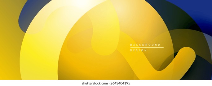 Abstract shapes overlap, creating vibrant yellow, blue gradients. Modern design suggests fluidity, energy, positive vibes. Minimalist aesthetic.