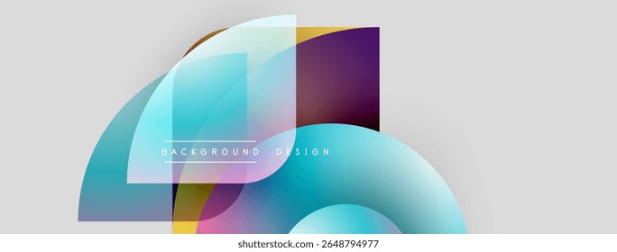 Formas abstratas se sobrepõem, criando gradientes de cores vibrantes. Elementos de design modernos sugerem movimento dinâmico, transições suaves. Fundo claro melhora o impacto visual.