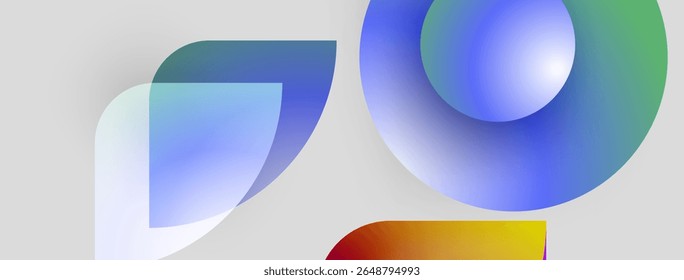 Abstract shapes overlap, creating vibrant color gradients. Blue dominates, with hints of green, red, yellow. Modern design, clean aesthetic.