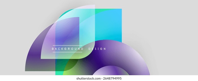 Formas abstratas se sobrepõem, criando gradientes de cores vibrantes. Elementos de design modernos sugerem fluidez, movimento, inovação. Fundo claro melhora o impacto visual.