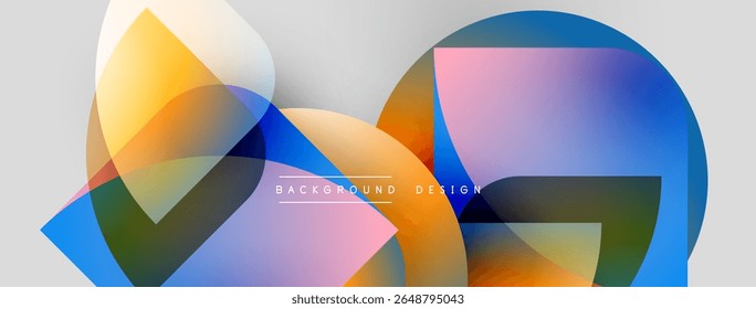 Abstract shapes overlap, creating vibrant color gradients. Modern design elements suggest dynamic visual experience. Light background enhances composition.
