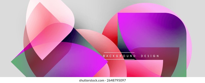 Abstract shapes overlap, creating vibrant gradients. Pink, purple, red hues dominate design with subtle green accents. Modern, dynamic composition.