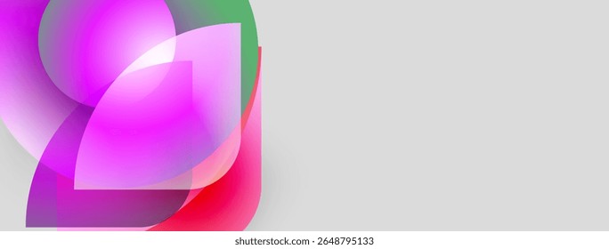 Abstract shapes overlap, creating vibrant color blends. Pink, green, red hues dominate against gray backdrop. Modern design.