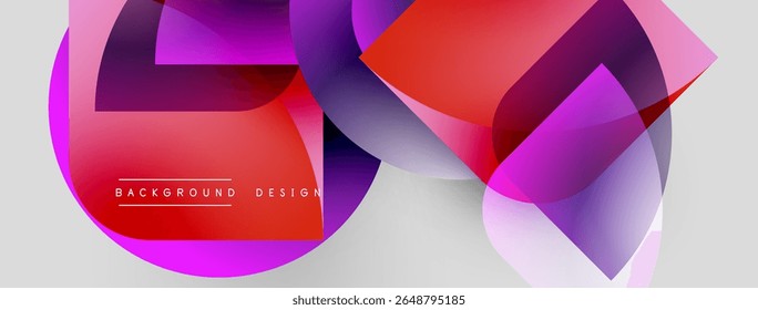 Abstract shapes overlap, creating vibrant color gradients. Pink, purple, red hues dominate design. Modern aesthetic, clean lines present.