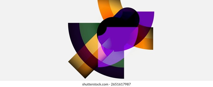 Formas abstratas se sobrepõem, criando misturas de cores vibrantes. O roxo domina, acentuado por tons laranja, verde e amarelo. Design moderno.