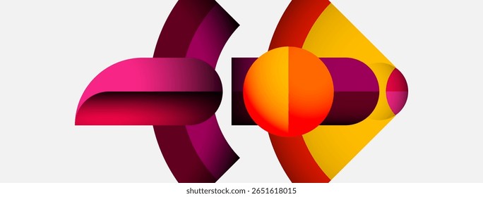 Abstract shapes overlap, creating vibrant color gradients. Composition feels modern, dynamic, visually engaging. Smooth transitions dominate design.