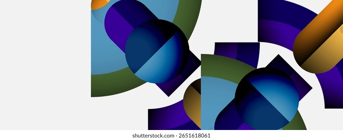 Abstract shapes overlap, creating vibrant color blends. Blue, green, purple dominate composition. Modern design, clean aesthetic.