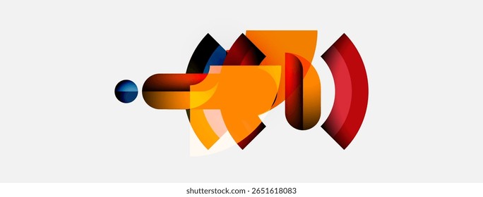Abstract shapes overlap, creating vibrant orange, red, black composition. Minimalist design with circular element present.