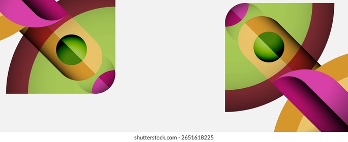 Abstract shapes overlap, creating vibrant color combinations. Green, purple, orange, maroon hues dominate composition. Modern design elements present.